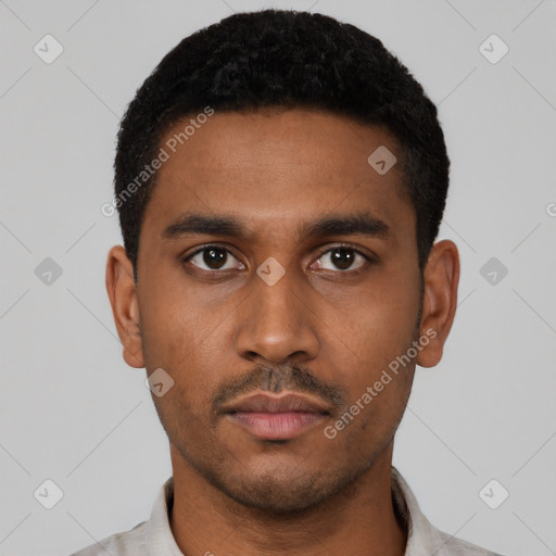 Neutral latino young-adult male with short  black hair and brown eyes