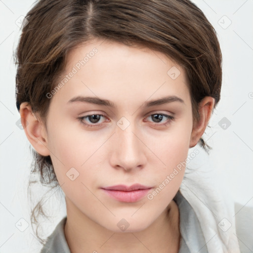 Neutral white young-adult female with medium  brown hair and brown eyes