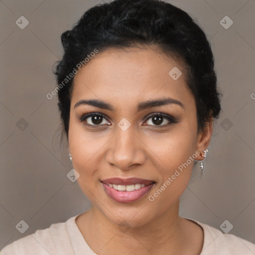 Joyful latino young-adult female with short  brown hair and brown eyes