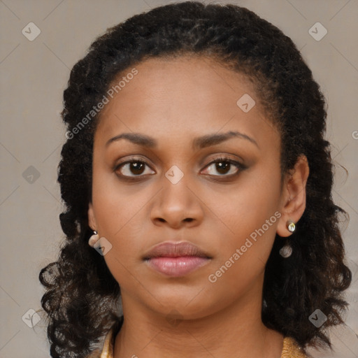 Neutral black young-adult female with medium  brown hair and brown eyes