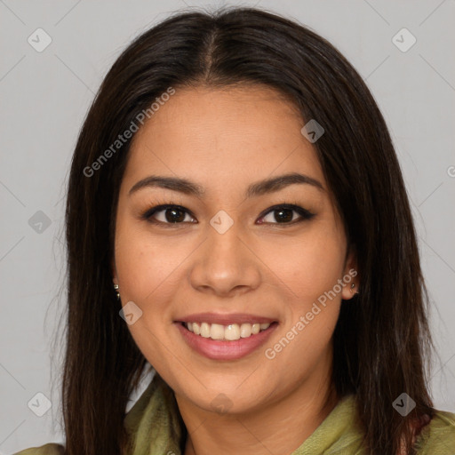 Joyful latino young-adult female with long  brown hair and brown eyes