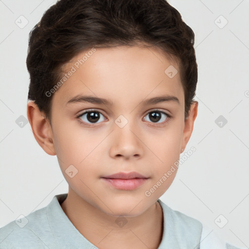 Joyful white child female with short  brown hair and brown eyes