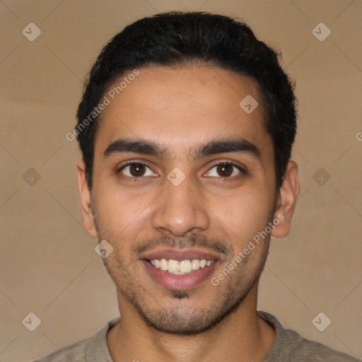 Joyful latino young-adult male with short  black hair and brown eyes