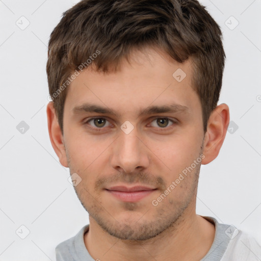 Neutral white young-adult male with short  brown hair and brown eyes