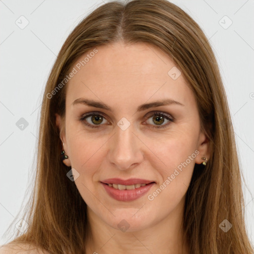 Joyful white young-adult female with long  brown hair and green eyes