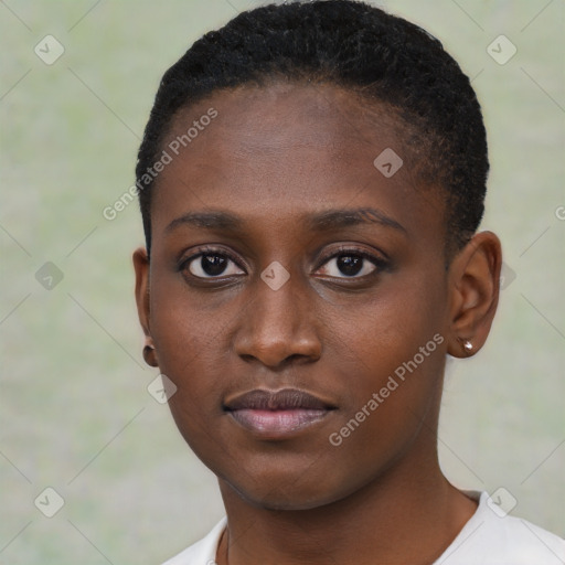 Neutral black young-adult female with short  black hair and brown eyes