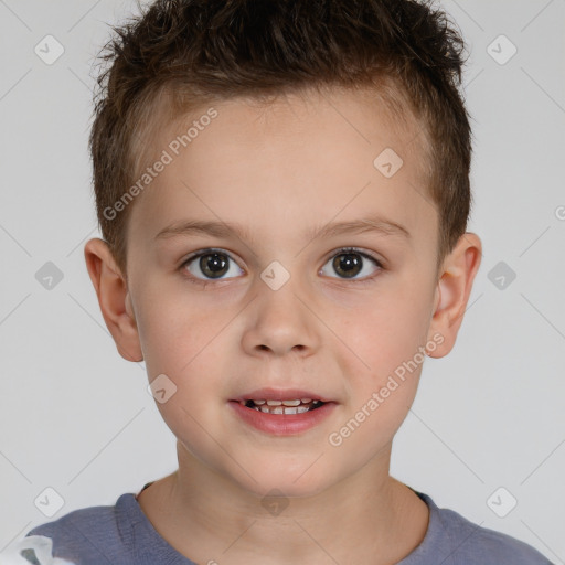 Joyful white child female with short  brown hair and brown eyes