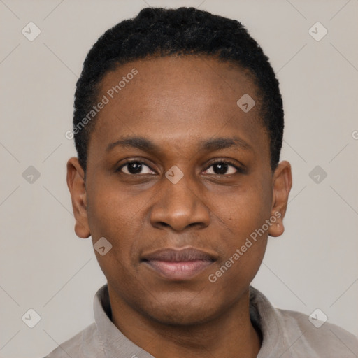 Neutral black young-adult male with short  black hair and brown eyes