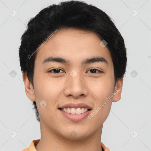 Joyful asian young-adult male with short  black hair and brown eyes