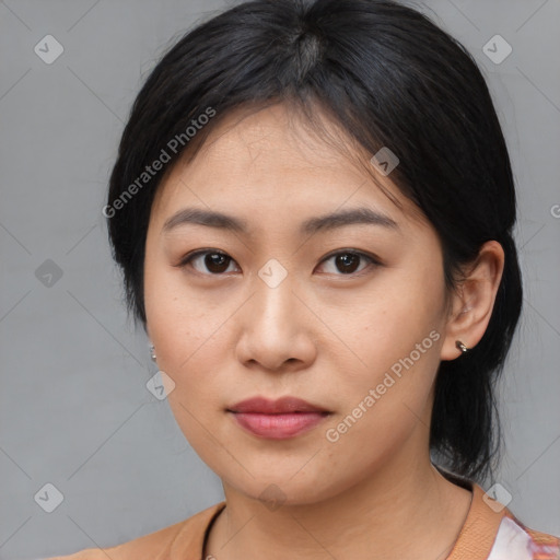 Neutral asian young-adult female with medium  brown hair and brown eyes