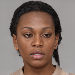 Neutral black young-adult female with short  black hair and brown eyes