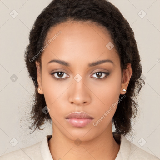 Neutral latino young-adult female with medium  black hair and brown eyes