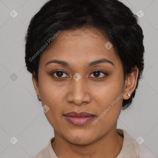 Joyful latino young-adult female with short  brown hair and brown eyes