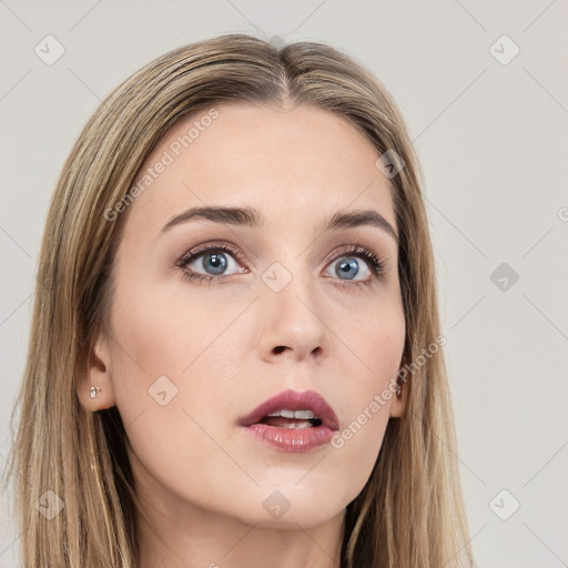 Neutral white young-adult female with long  brown hair and grey eyes