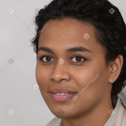 Joyful latino young-adult female with short  brown hair and brown eyes