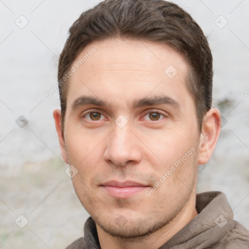 Neutral white young-adult male with short  brown hair and brown eyes