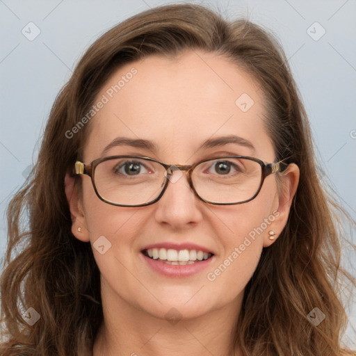 Joyful white young-adult female with long  brown hair and blue eyes