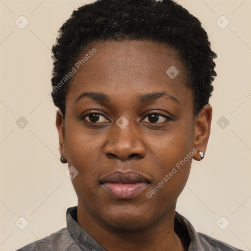 Neutral black young-adult female with short  black hair and brown eyes