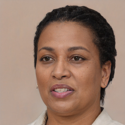 Joyful latino adult female with short  brown hair and brown eyes