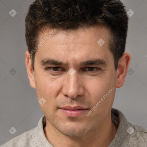 Neutral white adult male with short  brown hair and brown eyes