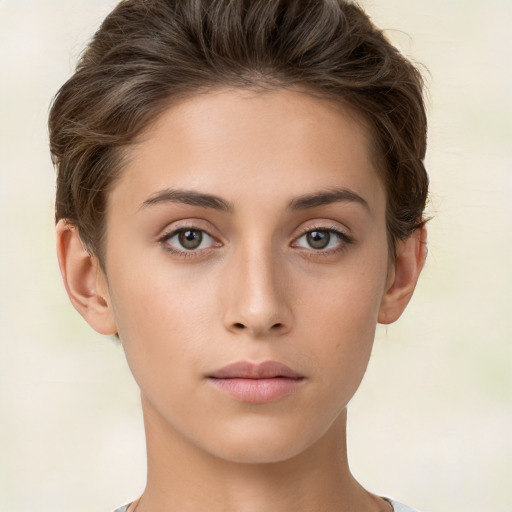 Neutral white young-adult female with short  brown hair and brown eyes