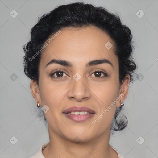 Joyful latino young-adult female with medium  black hair and brown eyes