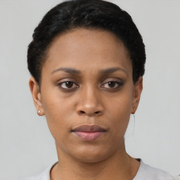 Neutral black young-adult female with short  black hair and brown eyes