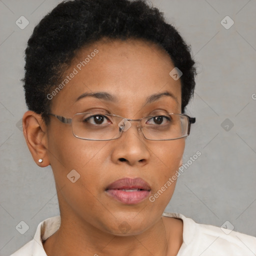 Neutral black adult female with short  brown hair and brown eyes