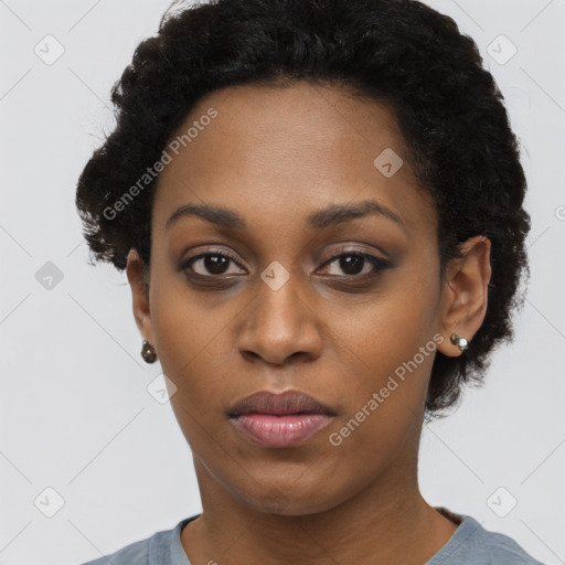 Neutral black young-adult female with short  black hair and brown eyes