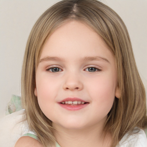 Joyful white child female with medium  brown hair and brown eyes