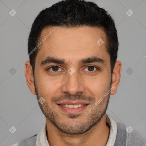 Joyful white young-adult male with short  black hair and brown eyes