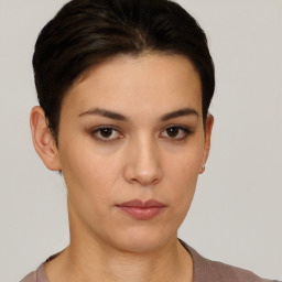 Neutral white young-adult female with short  brown hair and brown eyes