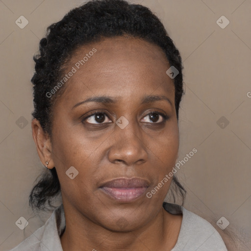 Joyful black adult female with short  brown hair and brown eyes