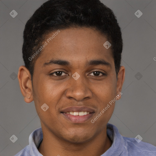Joyful latino young-adult male with short  brown hair and brown eyes