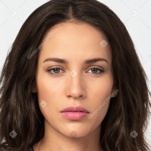 Neutral white young-adult female with long  brown hair and brown eyes