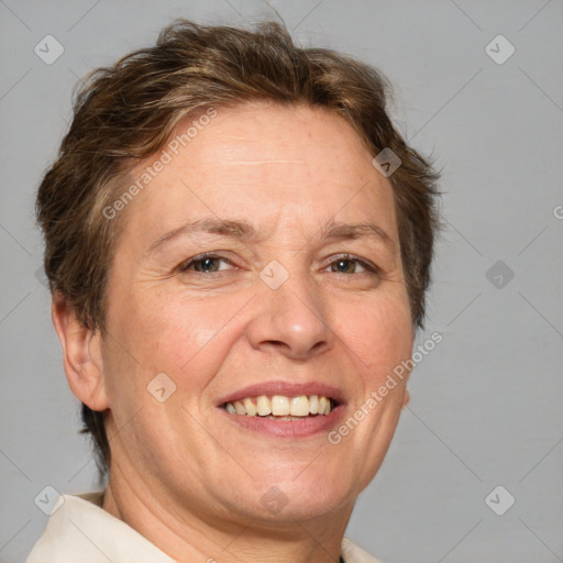 Joyful white adult female with short  brown hair and brown eyes