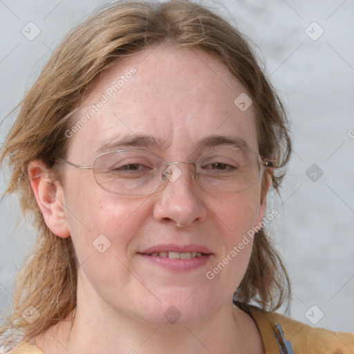 Joyful white adult female with medium  brown hair and blue eyes