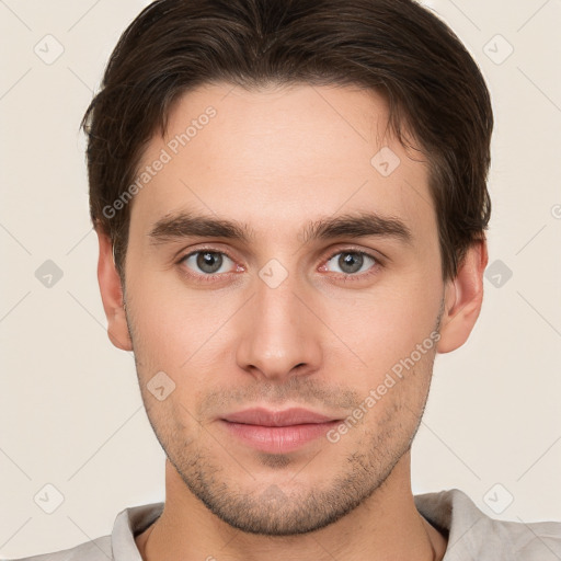 Neutral white young-adult male with short  brown hair and brown eyes