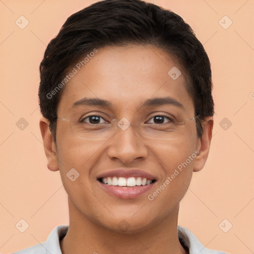 Joyful white young-adult female with short  brown hair and brown eyes