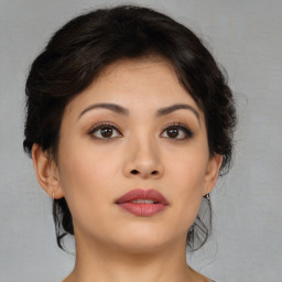 Neutral asian young-adult female with medium  brown hair and brown eyes