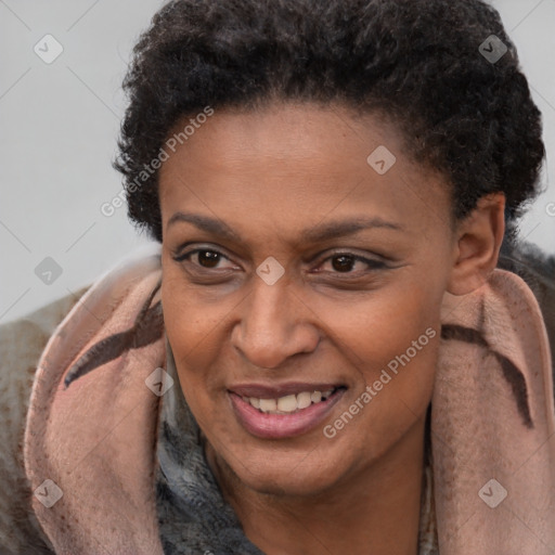 Joyful latino adult female with short  brown hair and brown eyes