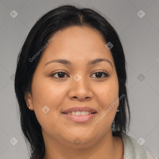 Joyful asian young-adult female with long  brown hair and brown eyes