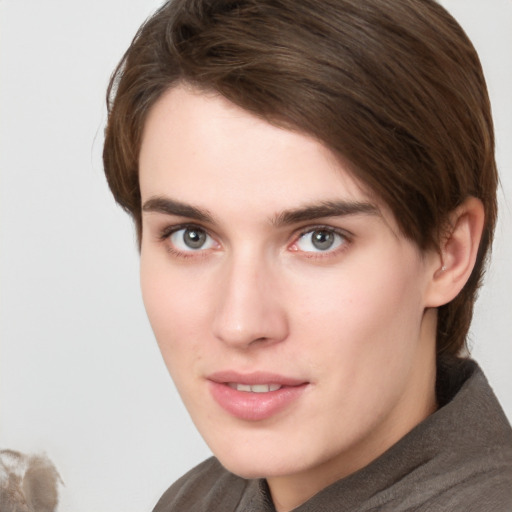 Neutral white young-adult female with short  brown hair and brown eyes