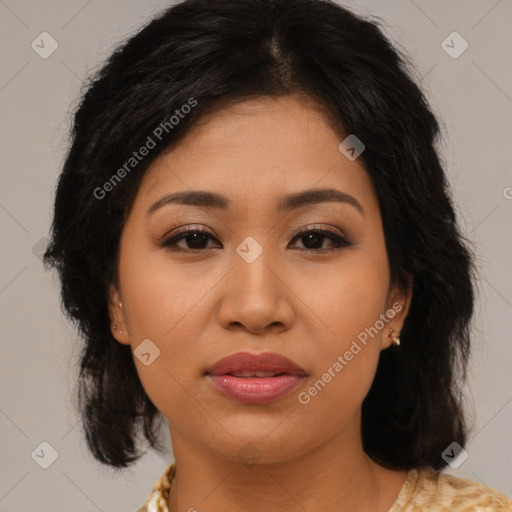 Joyful asian young-adult female with medium  brown hair and brown eyes