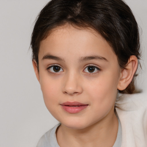 Joyful white child female with medium  brown hair and brown eyes