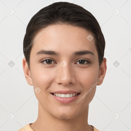 Joyful white young-adult female with short  brown hair and brown eyes