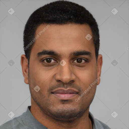 Neutral latino young-adult male with short  black hair and brown eyes