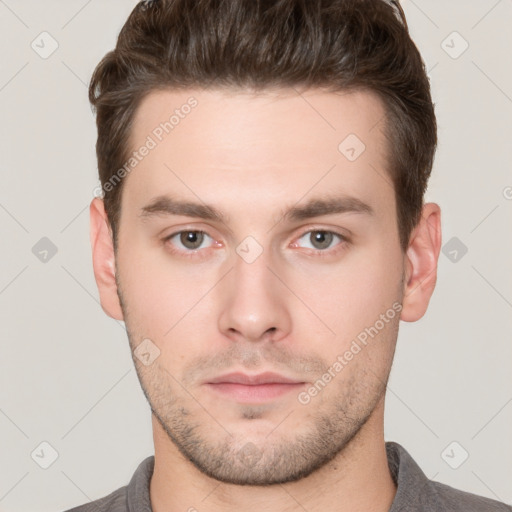 Neutral white young-adult male with short  brown hair and brown eyes