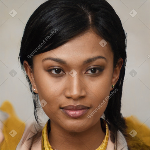 Joyful latino young-adult female with medium  black hair and brown eyes
