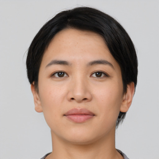 Neutral asian young-adult female with short  black hair and brown eyes